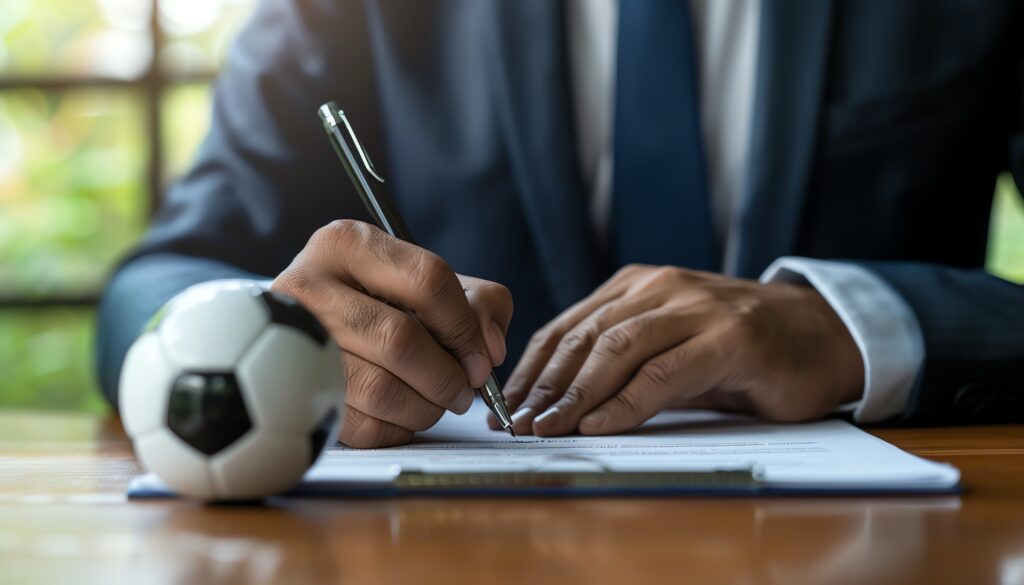 サッカーボールと紙に記入する男性の手元の写真です。